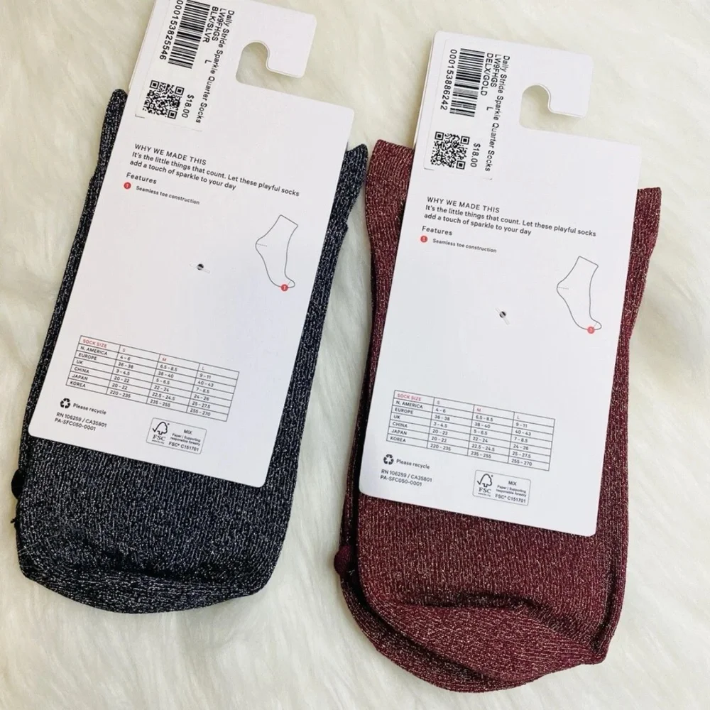 Lululemon Daily Stride Sparkle Quarter Sock Women L Lot 2 Black Silver Red Gold